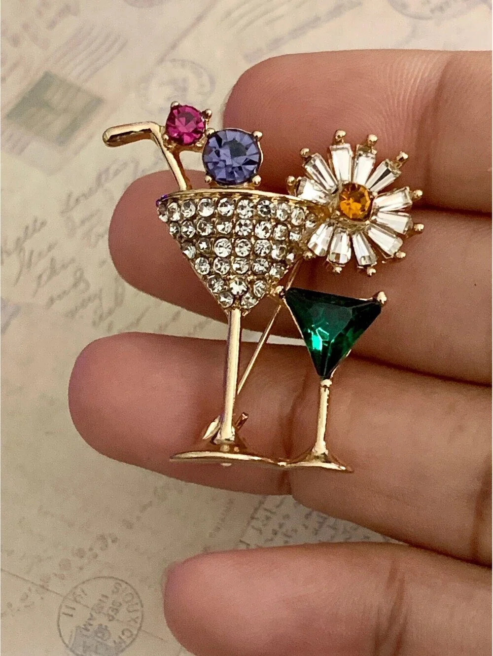 Glam Cocktail Party Brooch with Sparkling Rhinestones & Colorful Gems